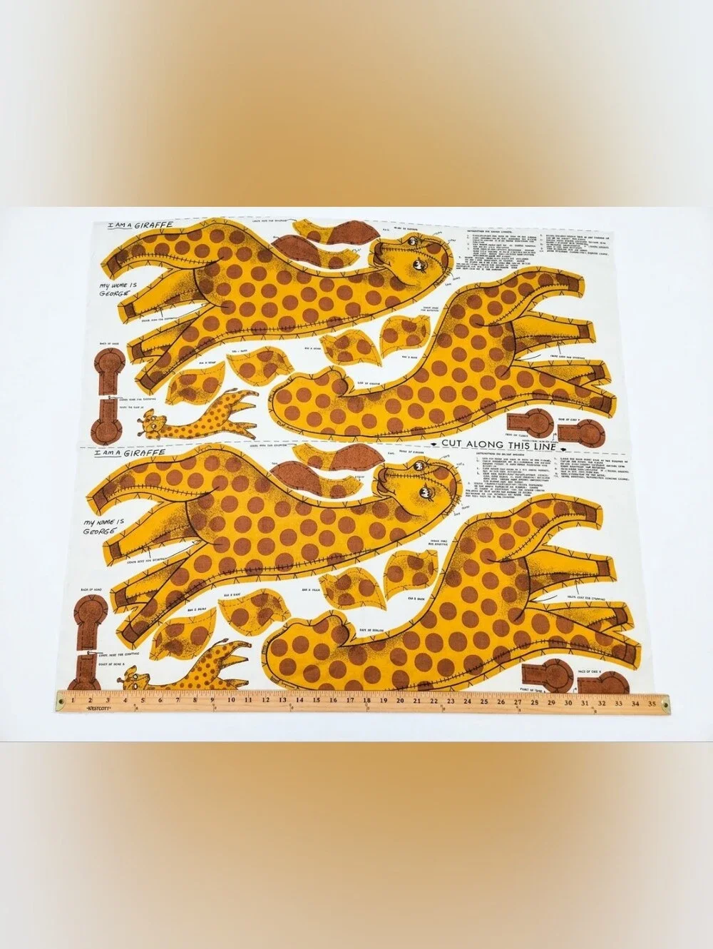 Vintage 1960s George The Giraffe Cotton Fabric Panel, Cut And Sew, Mid Century